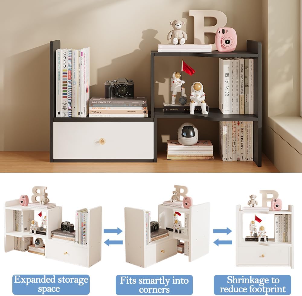 Expandable Wood Desktop Bookshelf, Freestyle Adjustable Wood Display Desk Shelf Counter Storage Rack Top Bookcase for Office & Home (White)
