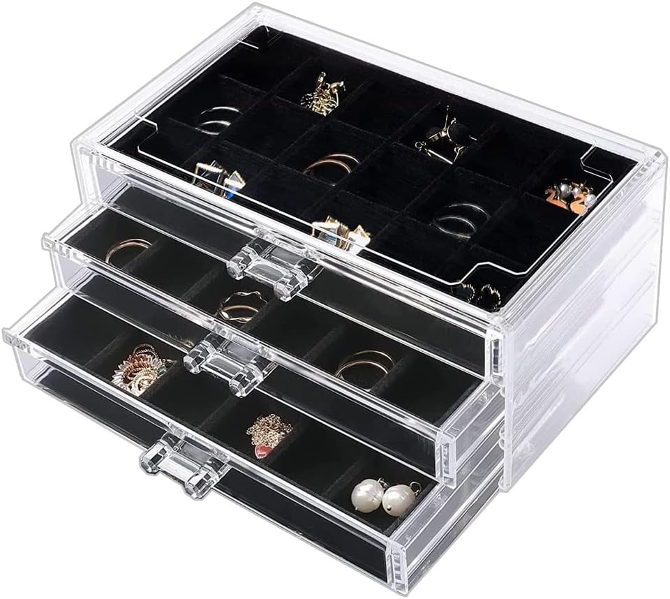 YUFONG Earring Organizer Box Acrylic Jewelry Organizer with 3 Drawers 54 Adjustable Grids Clear Stackable Earring Holder Velvet Trays Ring Display Case for Women Girls (Beige)