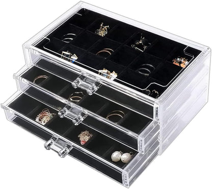 YUFONG Earring Organizer Box Acrylic Jewelry Organizer with 3 Drawers 54 Adjustable Grids Clear Stackable Earring Holder Velvet Trays Ring Display Case for Women Girls (Beige)