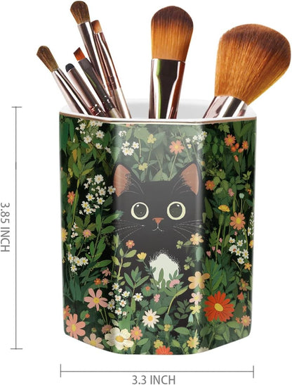 WAVEYU Ceramic Pen Holder for Desk Cute, Pencil Cup Pot Desk Organizer, Makeup Brush Holder for Women, Men, Kids, Desk Marble Decor for Office, Classroom, Home, Gray Golden