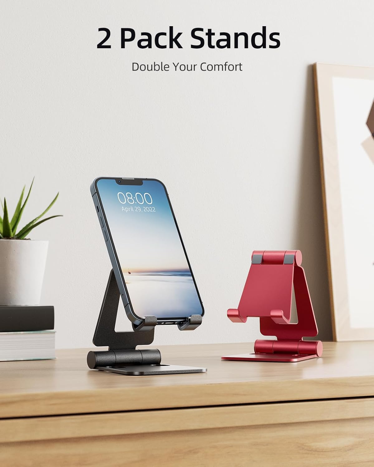 Nulaxy 2 Pack Fully Aluminum Dual Folding Cell Phone Stand, Adjustable Foldable Desktop Phone Holder for Desk Compatible with iPhone 17 16 15 14 13 12 11 Pro Max Xs Xr X 8, All Phones, Black & Silver