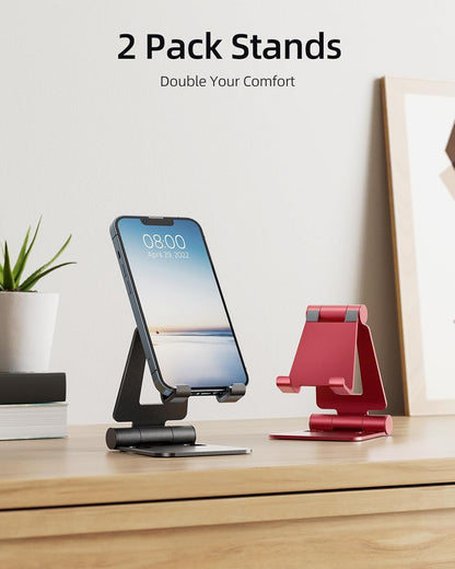 Nulaxy 2 Pack Fully Aluminum Dual Folding Cell Phone Stand, Adjustable Foldable Desktop Phone Holder for Desk Compatible with iPhone 17 16 15 14 13 12 11 Pro Max Xs Xr X 8, All Phones, Black & Silver