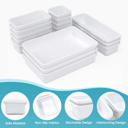 StoreHappily 10 PCS Drawer Organizer Set, 4 Size Makeup Drawer Divider Organizer With Non-Slip Pads, Interlocking Plastic Storage Bins for Office,Jewelry Vanity,Gadgets, Bathroom,Kitchen, Black
