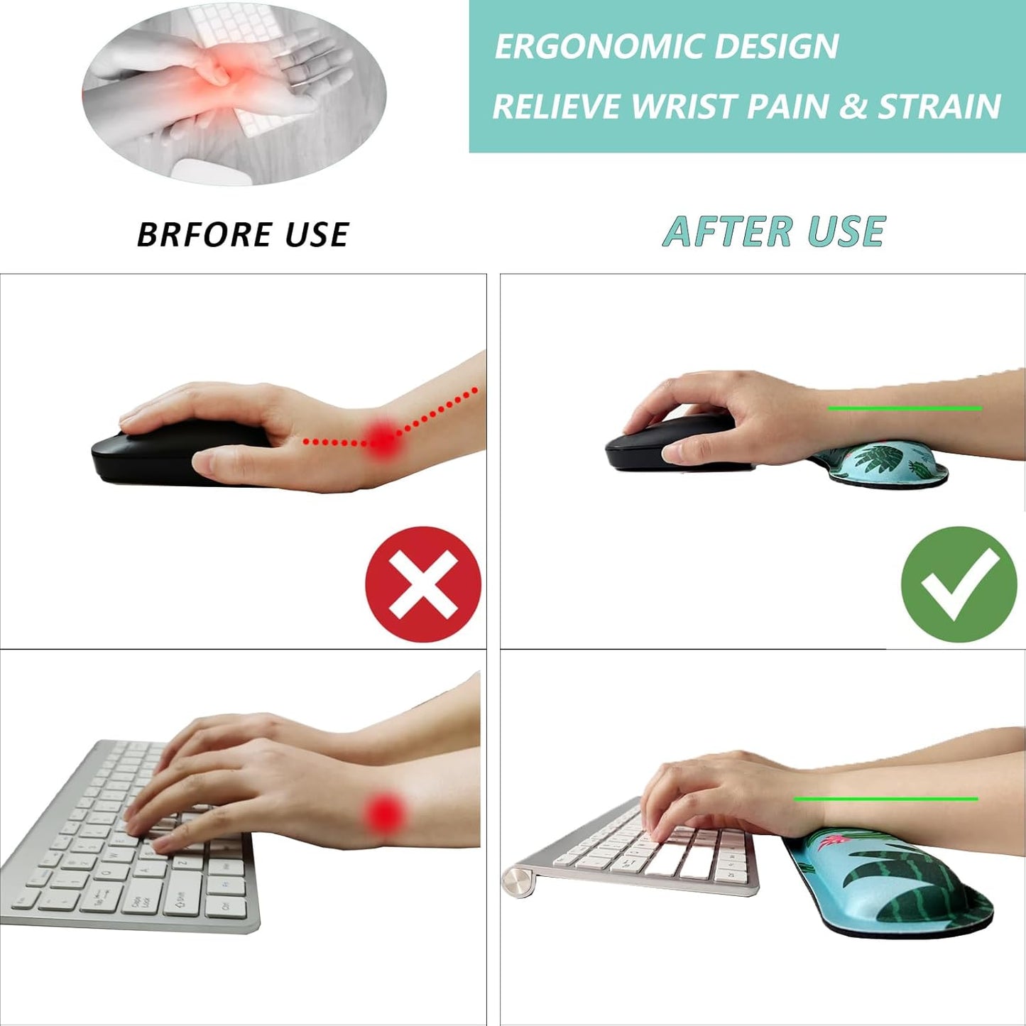 Keyboard Wrist Rest Mouse Wrist Support Set, Memory Foam Wrist Rest Pad for Computer Laptop Keyboard Mouse, Ergonomic Wrist Cushion Support for Typing Pain Relief, Gaming Home Office, Purple