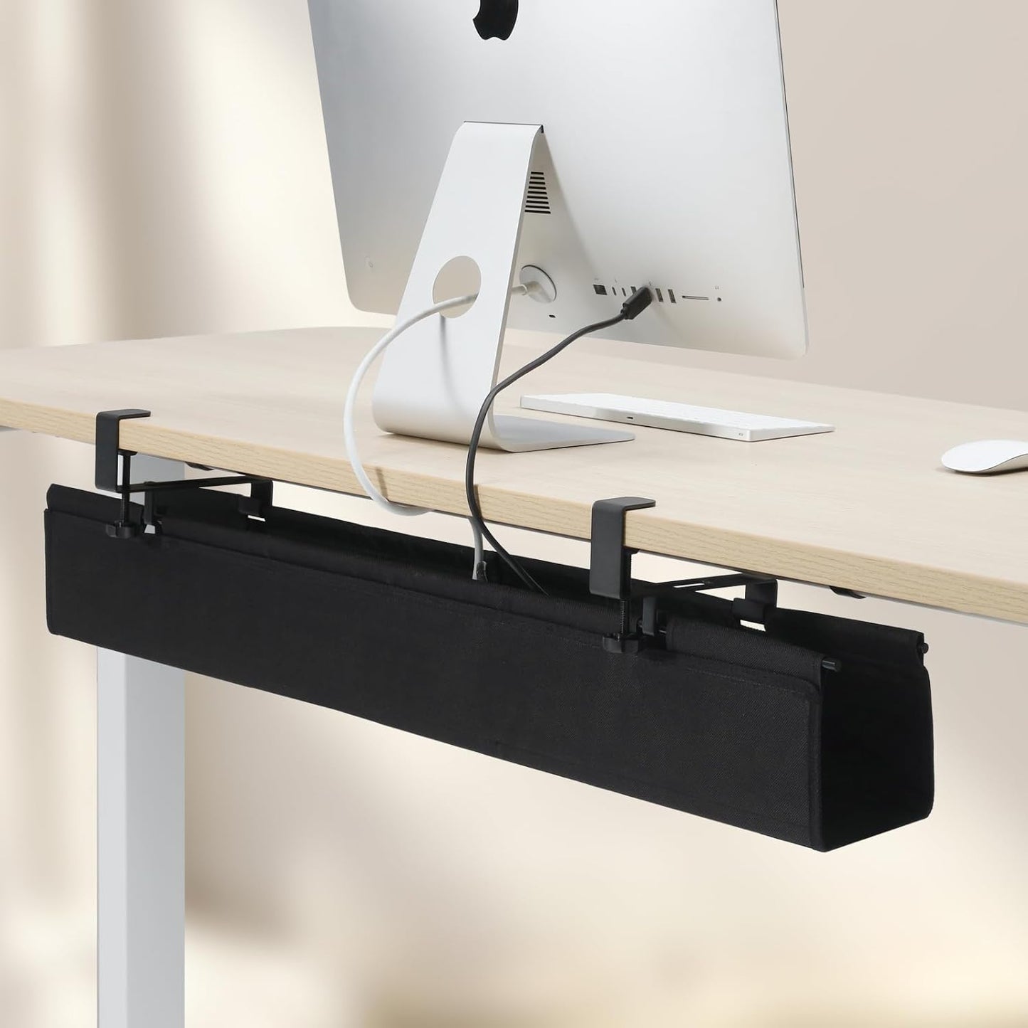 MAXECHO Under Desk Cable Management Tray 28" - Clamp on Wire and Cable Organizer for Storage and to Hide Cords - Ideal for Home Office - Premium Black Fabric Design