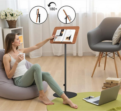 Bamboo Book Stand with Page Clips - Adjustable Holder for Cookbooks/Textbooks, Stable Lightweight Portable Reading Desk (Natural Bamboo)