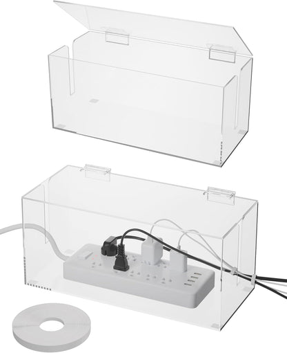 NiHome 2-Pack Clear Acrylic Cable Management Box Set, Large and Medium Power Strip Organizers with Ventilated Cover and Silicone Feet, Includes Reusable Ties, Transparent Cord Hider for Desk and Floor