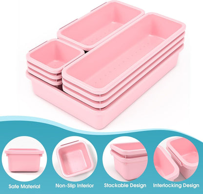 StoreHappily 10 PCS Drawer Organizer Set, 4 Size Makeup Drawer Divider Organizer With Non-Slip Pads, Interlocking Plastic Storage Bins for Office,Jewelry Vanity,Gadgets, Bathroom,Kitchen, Black