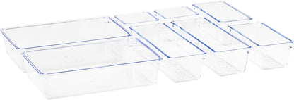 Mind Reader 8-Piece Drawer Organizer Set, Storage Trays for Kitchen, Bathroom, Office, Makeup, Jewelry & More, Junk Drawer Tray, Utensil Holder, Plastic, Clear