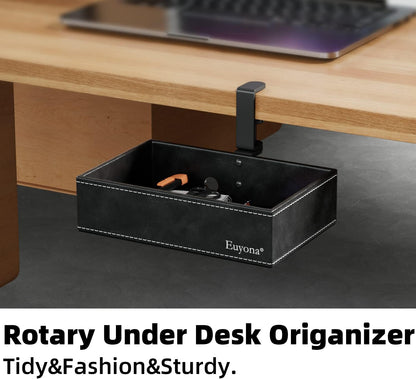PU Leather Under Desk Organizer with 360° Rotating Clamp – for Computer Accessories, Stationery, Remote Control & Phone Storage, Black