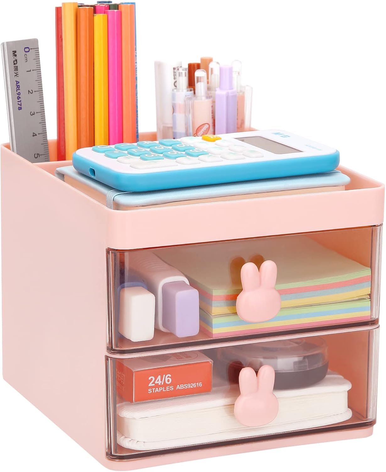 LETURE Small Desk Organizer With Drawer, Office Desktop Storage Box, Business Card/Pen/Pencil/Mobile Phone/Stationery Holder Storage Box, Makeup Organizer for Office School Home (Pink)