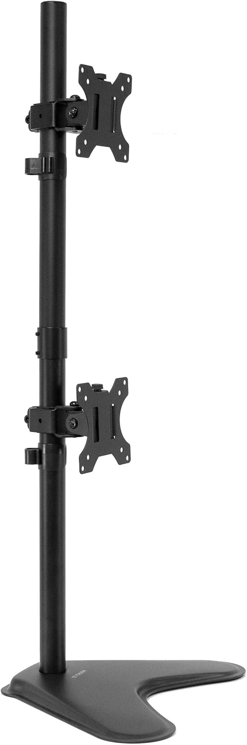 Mount-It! Vertical Dual Monitor Stand, Stacked Desk Mount Fits Two 13–32 Inch Screens up to 17.6 lbs Each, Height Adjustable Free Standing Pole with Tilt Swivel Rotate, Ergonomic VESA Riser, Black