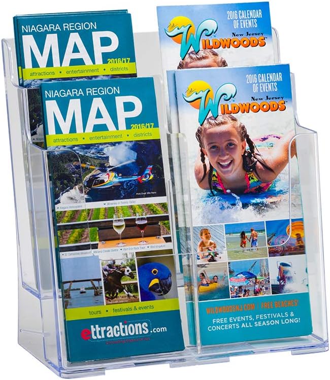 Azar Displays 252378, Brochure Holder, Acrylic Desk Organizer, Three Tier Document, Magazine & Sign Holder, Wall Mount Desk Accessories, Literature Display Stand, Divider for 4" Pamphlets, 8.5"x11"