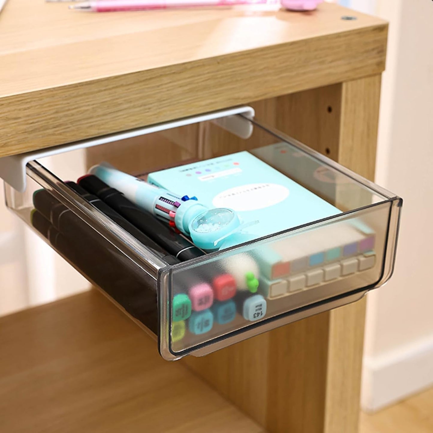 Self-adhesive Under Desk Drawer Organizer, Table Hidden Slide Out Large Storage Mounted Desktop Pencil Holder Tray Drawers for Office Home School Stationery Kitchen (Black)