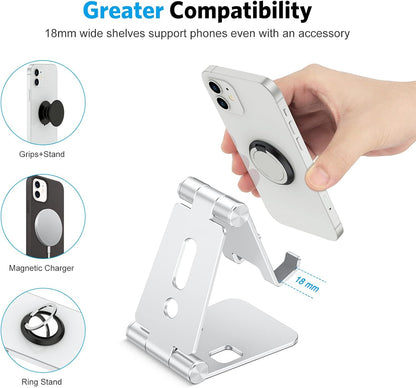 OMOTON Foldable Cell Phone Stand, C4 Portable Aluminum Phone Holder, Adjustable Phone Dock Cradle Compatible with iPhone 17/16/15 Pro Max Air, Samsung Galaxy, Small Tablets, All Smart Phones, Silver