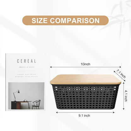 6Pcs Storage Bins with Lids, Stackable Plastic Storage Basket with Bamboo Lid, Pantry Organizer Box Small Containers for Organizing Shelves Drawer Desktop Closet Cabinet Office Classroom 10x7.1x4.1in