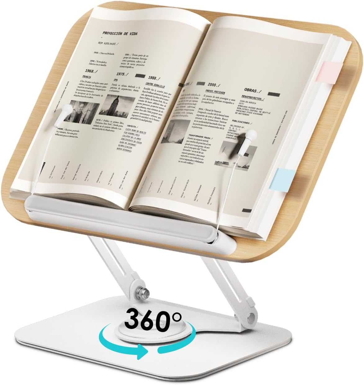 Viozon Book Stand for Reading,Book Holder, Height&Angle Adjustable, 360° Rotating Base, Foldable and Portable, Lightweight for Office, Kitchen, School Textbook, Recipe, Magazine,Kindle,Tablet DW