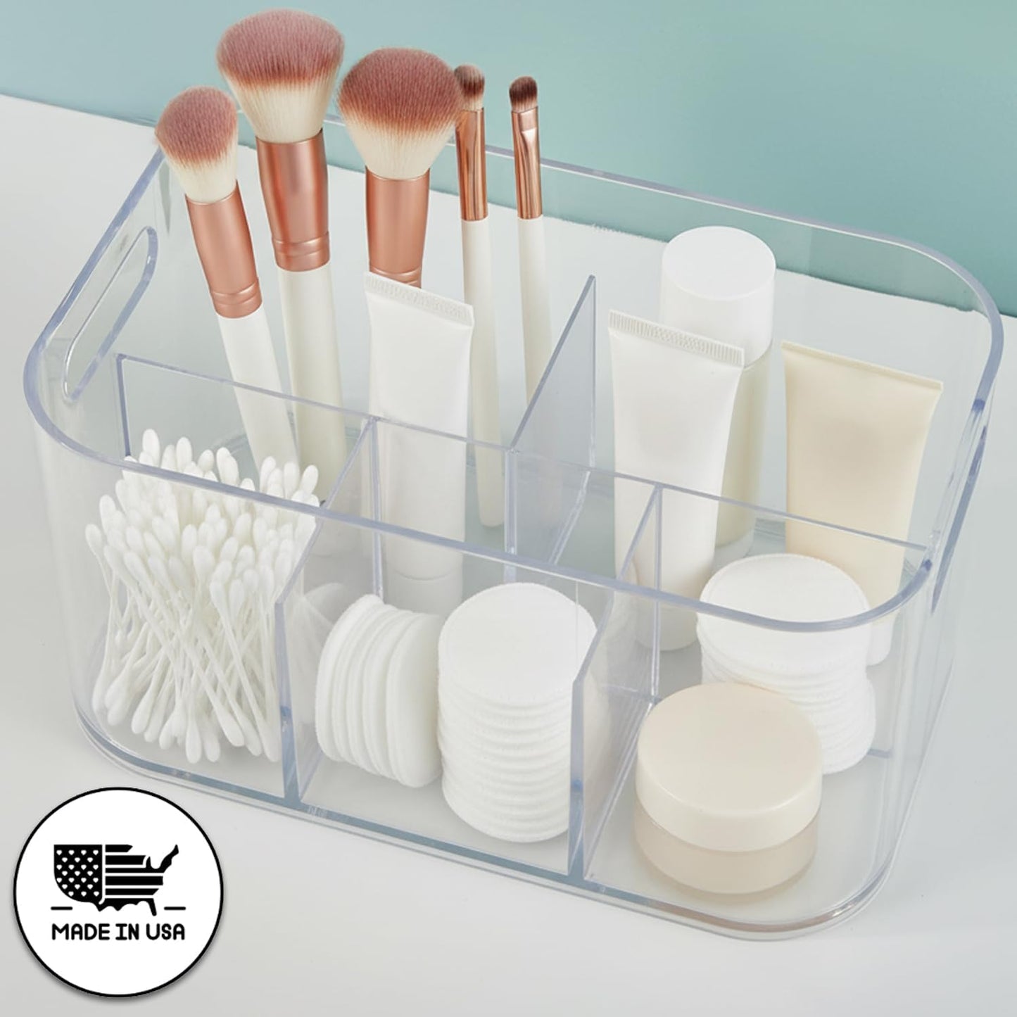 STORi Bliss 5-Compartment Plastic Cosmetics Storage Organizer, Set of 2 | Clear | Rectangular Divided Makeup Bin & Vanity Caddy with Pass-Through Handles | Round Corner Design | Made in USA