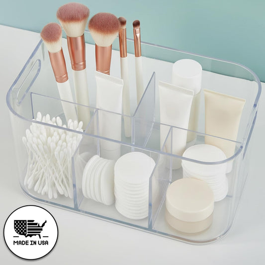 STORi Bliss 5-Compartment Plastic Cosmetics Storage Organizer, Set of 2 | Clear | Rectangular Divided Makeup Bin & Vanity Caddy with Pass-Through Handles | Round Corner Design | Made in USA