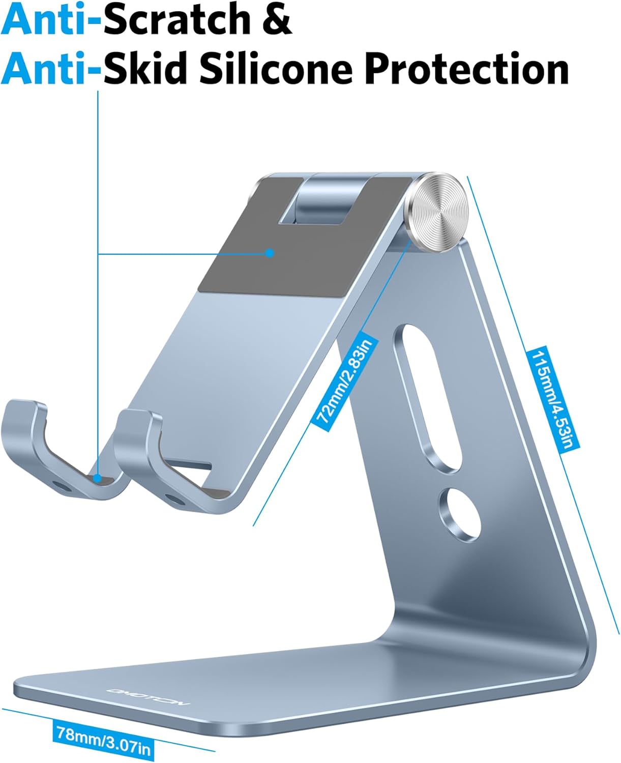 Adjustable Cell Phone Stand, OMOTON Aluminum Desktop Cellphone Stand with Anti-Slip Base and Convenient Charging Port, Fits All Smart Phones, Silver