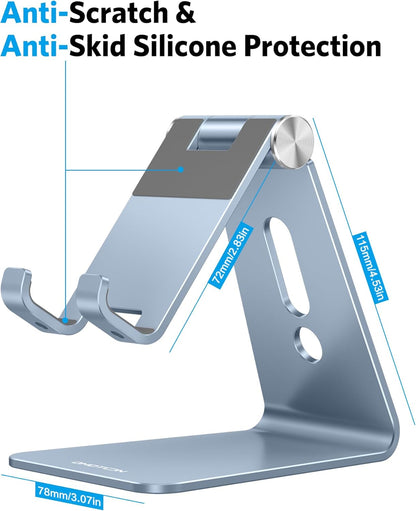 Adjustable Cell Phone Stand, OMOTON Aluminum Desktop Cellphone Stand with Anti-Slip Base and Convenient Charging Port, Fits All Smart Phones, Silver