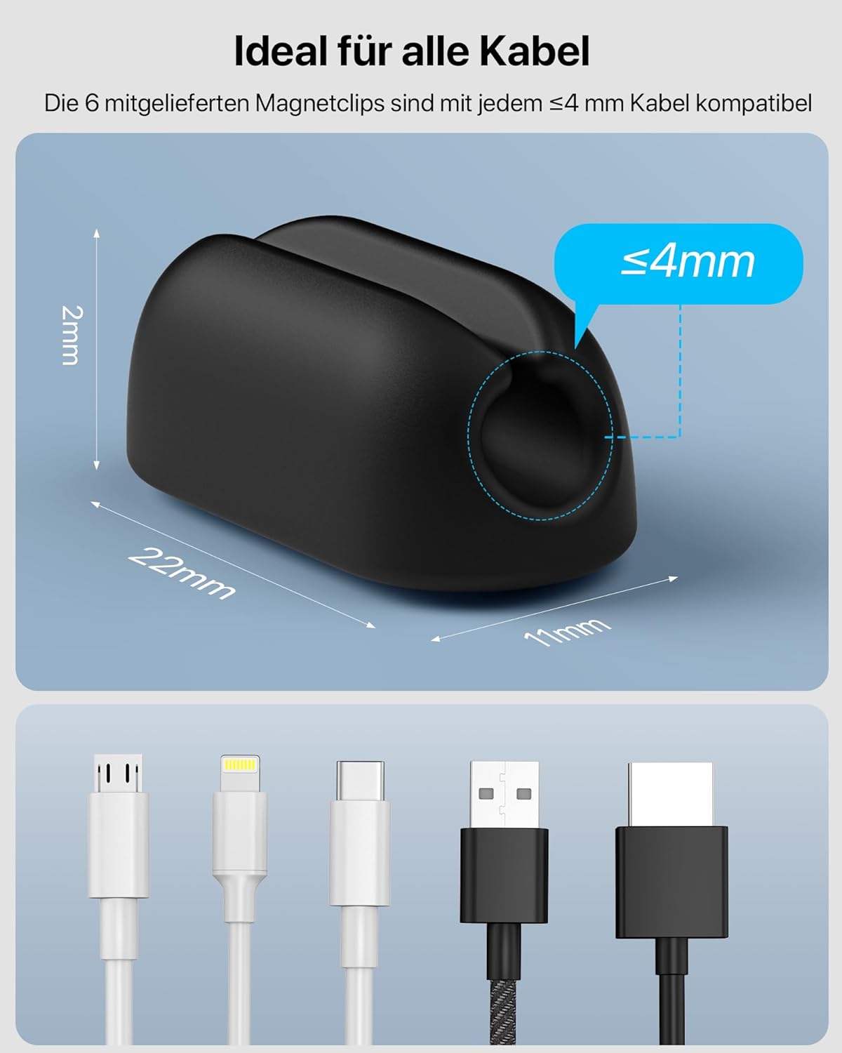 Cable Management, Magnetic Cord Organizer, Desk Cord Holder Wire Keeper with 6 Magnetic Cable Clips, Charger Cord Management for Home Office, Lightning/USB C/Micro Cable, White