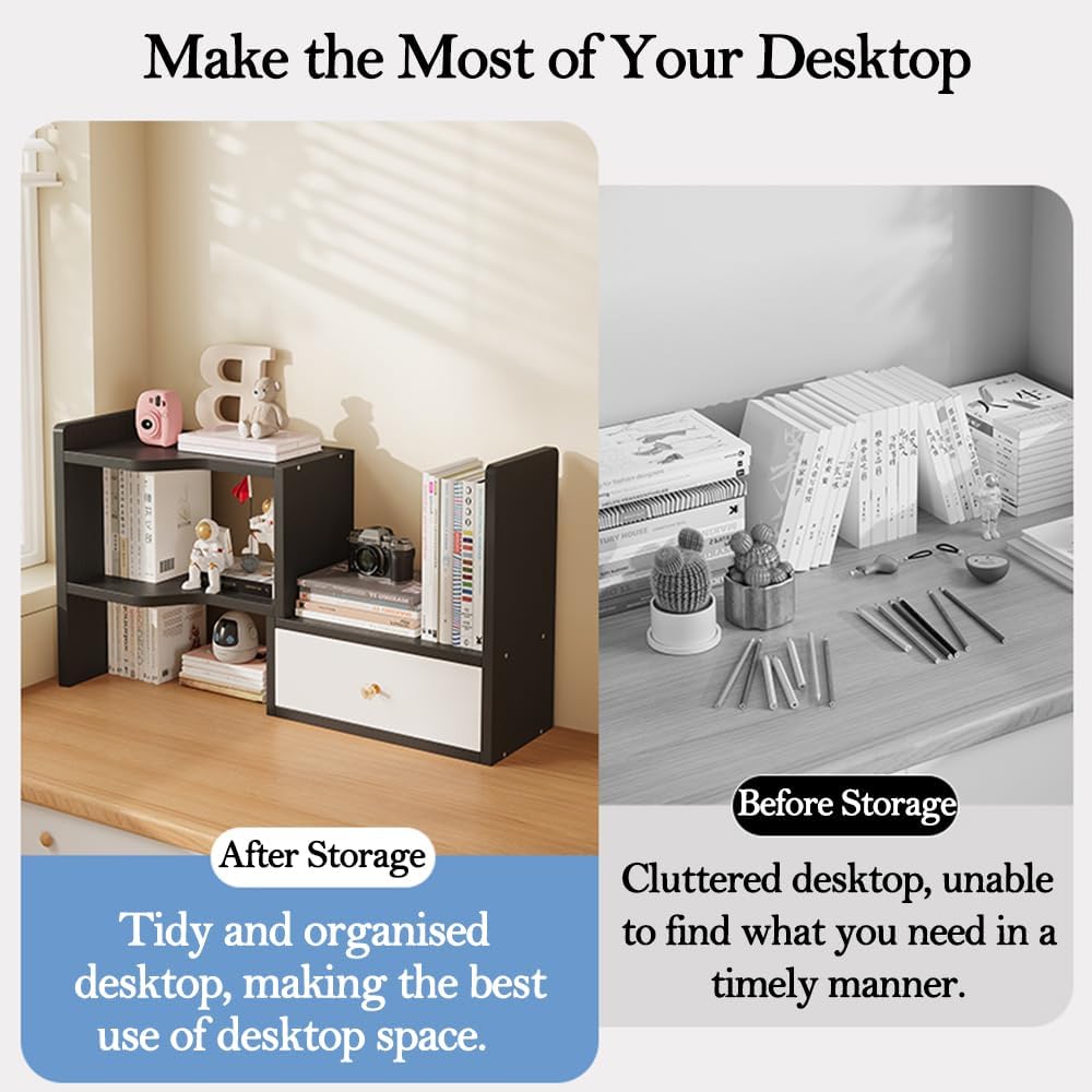 Expandable Wood Desktop Bookshelf, Freestyle Adjustable Wood Display Desk Shelf Counter Storage Rack Top Bookcase for Office & Home (White)
