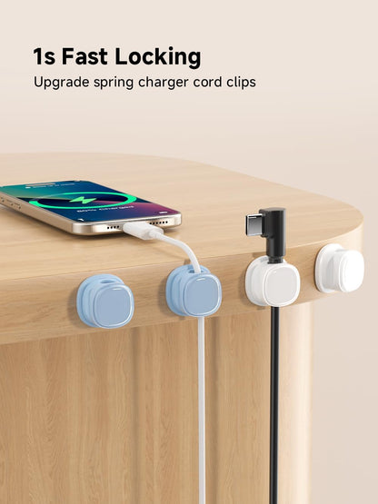 9 Pack Cord Organizer, Spring Cable Management, Adhesive Cute Cable Holder Clips, Phone Charger Wire Keeper for Desk Nightstand Car Office (9-Pack White_Orange_Blue)