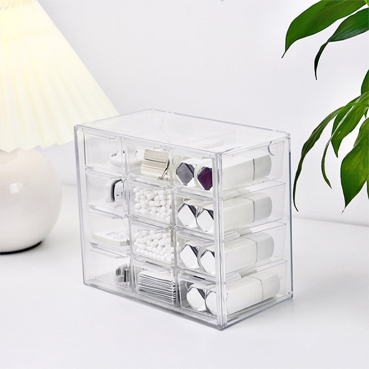 2 Pack Mini Desk Organizer with 12 Removable Drawers - Clear Plastic Desktop Storage Box for DIY Crafts, Art Supplies, Office Essentials, Cosmetics & Jewelry