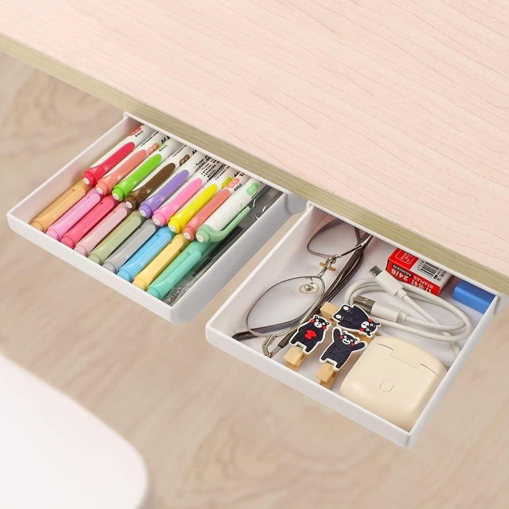 YOOUSOO 2 Pack Under Desk Storage Drawer Organizer, Hidden Slide Out Drawer Attachment, with Self - Adhesive Feature for Desktop and Table Organization, Hidden Under Desk