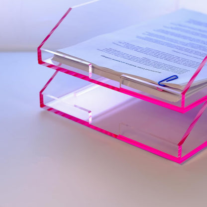 (2pcs Pack) Stackable Pink Acrylic Paper Trays, Desk File Organizer, A4 Paper Holder, Letter Tray
