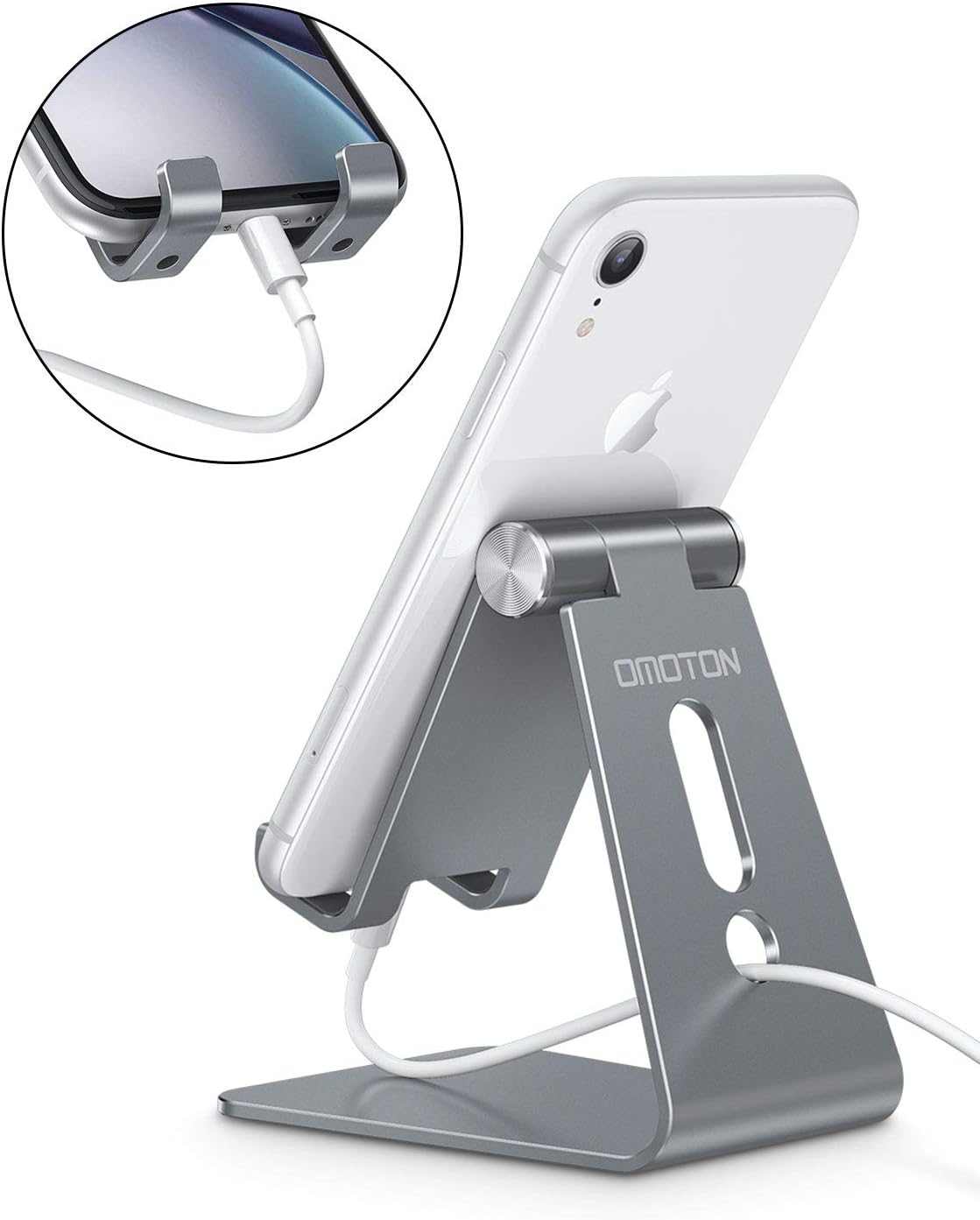 Adjustable Cell Phone Stand, OMOTON Aluminum Desktop Cellphone Stand with Anti-Slip Base and Convenient Charging Port, Fits All Smart Phones, Silver