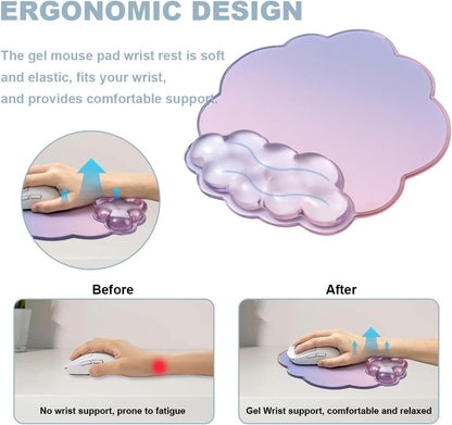 Gel Wrist Rest and Cloud Mouse Pad Support for Keyboard and Mouse - Ergonomic Pink Keyboard Wrist Pad Set for Typing Pain Relief/Computer/Laptop/Gaming/Home/Office (Cloud Shape, Gradient Blue Pink)