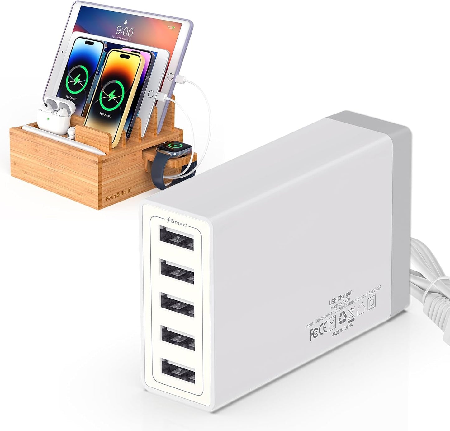 Pezin & Hulin Bamboo Charging Station Holder with 5 Port USB Charger, 5 x Charge Cables, Watch Stand, Wood Docking Stand Electronic Organizer for Multiple Devices, Phones, Tablets and More