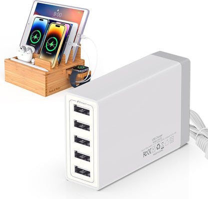 Pezin & Hulin Bamboo Charging Station Holder with 5 Port USB Charger, 5 x Charge Cables, Watch Stand, Wood Docking Stand Electronic Organizer for Multiple Devices, Phones, Tablets and More