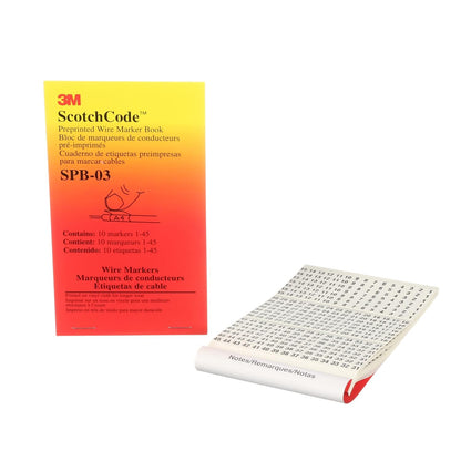 3M ScotchCode Pre-Printed Wire Marker Book SPB-03, Vinyl Coated, Black Printed Numbers (10) each 1–45, White Background Highlights Characters, 1 Book