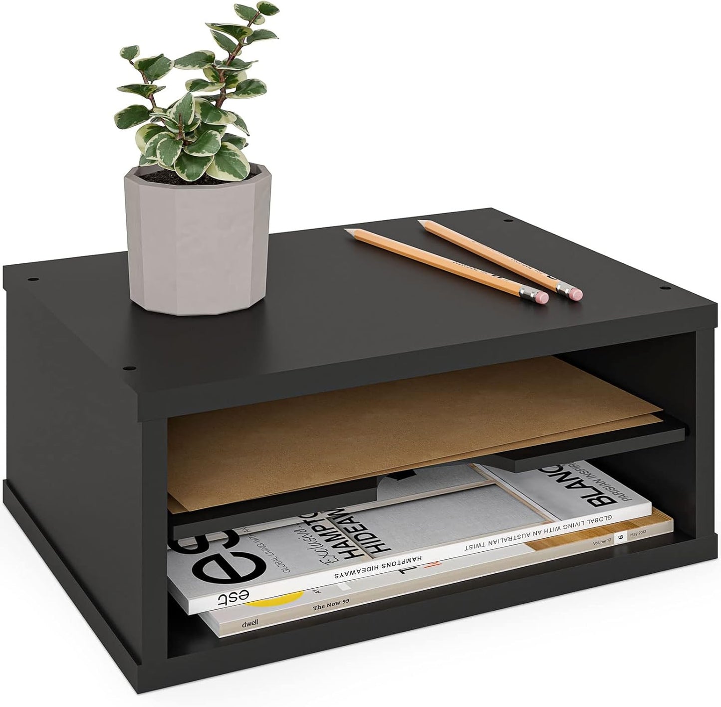 Ballucci File Organizer, 2-Tier Document Paper Sorter, Stackable Wood Desk Organizer Mail Holder, Monitor Stand with Storage Shelves, White