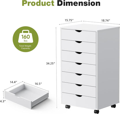 5 Drawer Mobile File Cabinet Under Desk Storage Organization with Wheels Vertical Filing Chest Rolling Wood Small Desk Printer Stand for Home Office, White