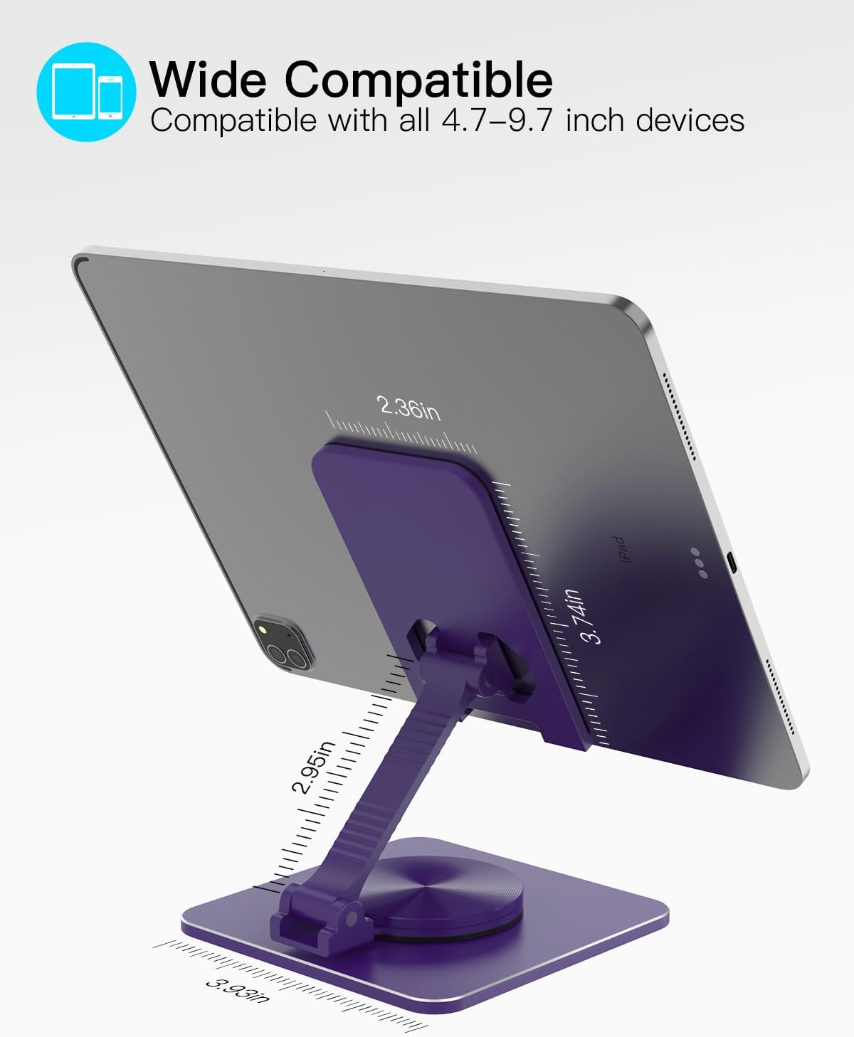 Cell Phone & Tablet Stand for Desk, Aluminum Adjustable Holder for iPhone, iPad & Smartphones || Foldable Mount with 360° Swivel, Stable Base & Portable Design for 4–9.7in Devices, Purple