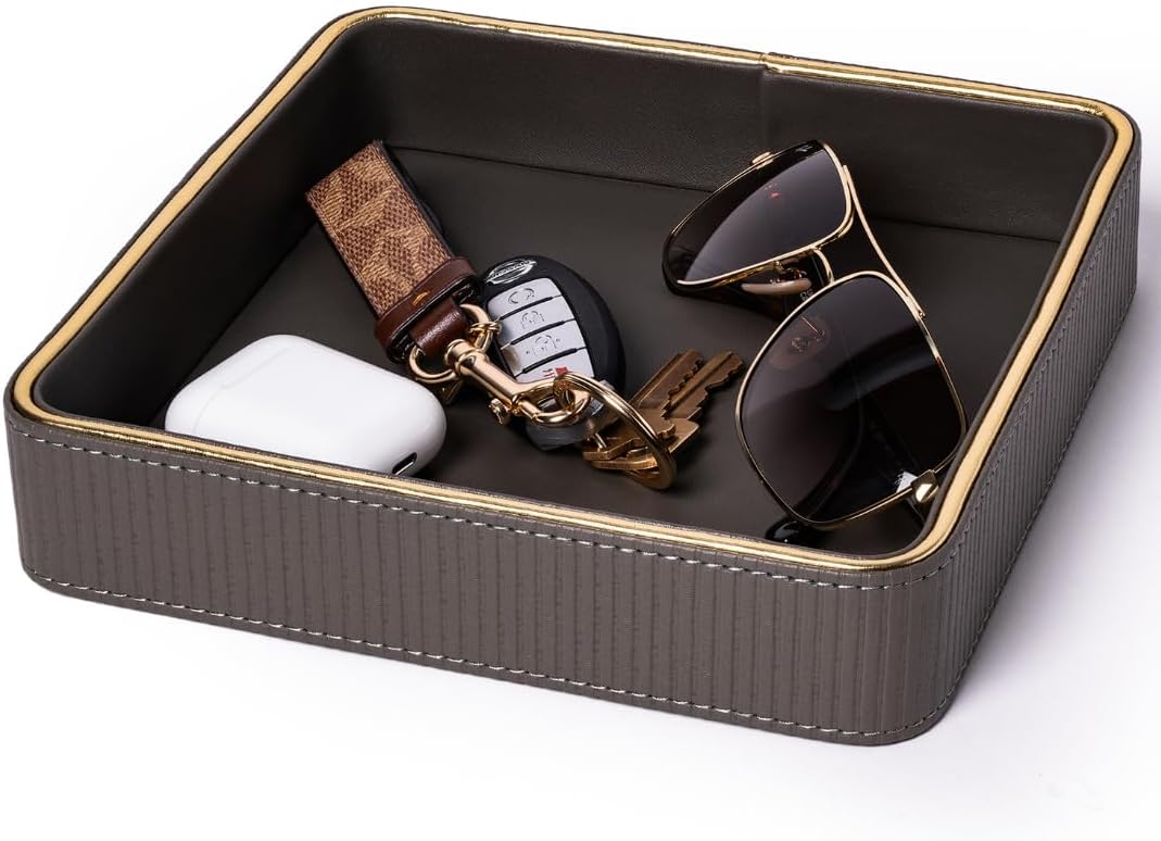Leather Catchall Valet Tray for Men| Mens Valet Catch All Trays| Bedside Organizer for Nightstand| Cologne Tray for Men| Desk Trays Leather Tray Organizer (Black)