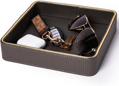 Leather Catchall Valet Tray for Men| Mens Valet Catch All Trays| Bedside Organizer for Nightstand| Cologne Tray for Men| Desk Trays Leather Tray Organizer (Black)