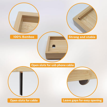 Bamboo Cable Management Box, Large Cord Organizer Box Cable Box to Hide Wires & Power Strips for Desktop Storage Cord Holder for Office Home,No Assembley Required (All White, Large)