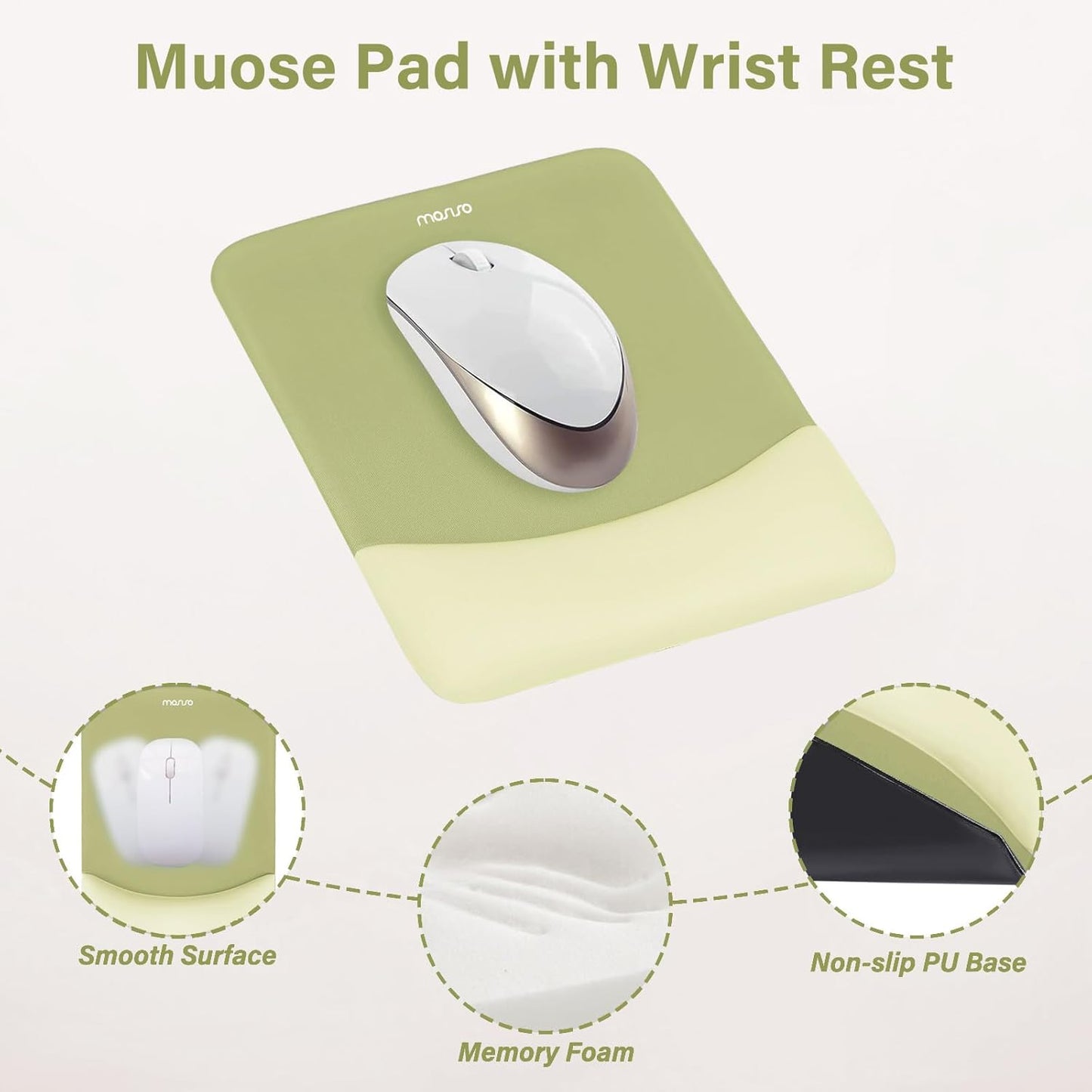 MOSISO Wrist Rest Support for Mouse Pad&Keyboard Set, Rectangular Ergonomic Mousepad Non-Slip Base Home/Office Pain Relief&Easy Typing Pad with Neoprene Cloth&Raised Silicone Lining, Green