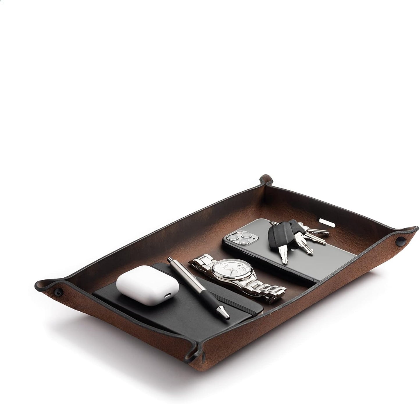 Main Street Forge Leather Valet Tray for Men – Rustic EDC Organizer for Keys, Phone & Wallet – Made in USA – Whiskey Barrel Brown