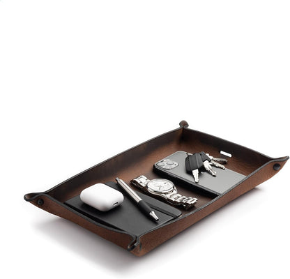 Main Street Forge Leather Valet Tray for Men – Rustic EDC Organizer for Keys, Phone & Wallet – Made in USA – Whiskey Barrel Brown