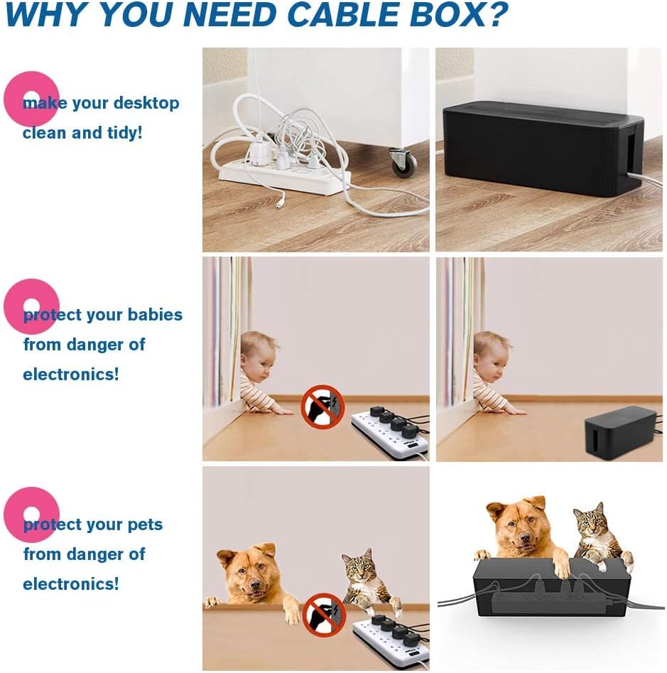 Cable Management Box Organizer, Pack of 2 Wire Concealer to Cover Hide Surge Protector & Power Strip on Desk Floor, with 5 Cord Fastening Tapes for Office, Home, Kitchen (Ice White)