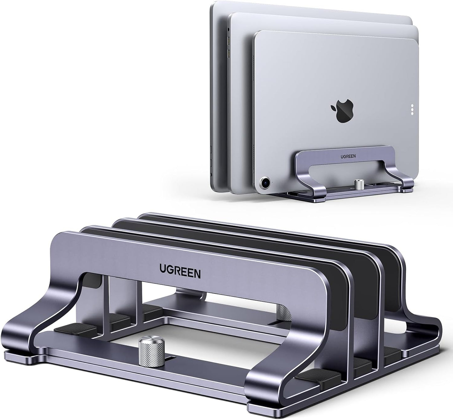 UGREEN 3-Slot Vertical Laptop Stand Holder Desk Compatible with MacBook Pro Air Laptop Stand Desktop Adjustable, Lenovo Ideapad, Surface Book, HP Notebook, Dell Chromebook Up to 17.3 Inch, Space Gray