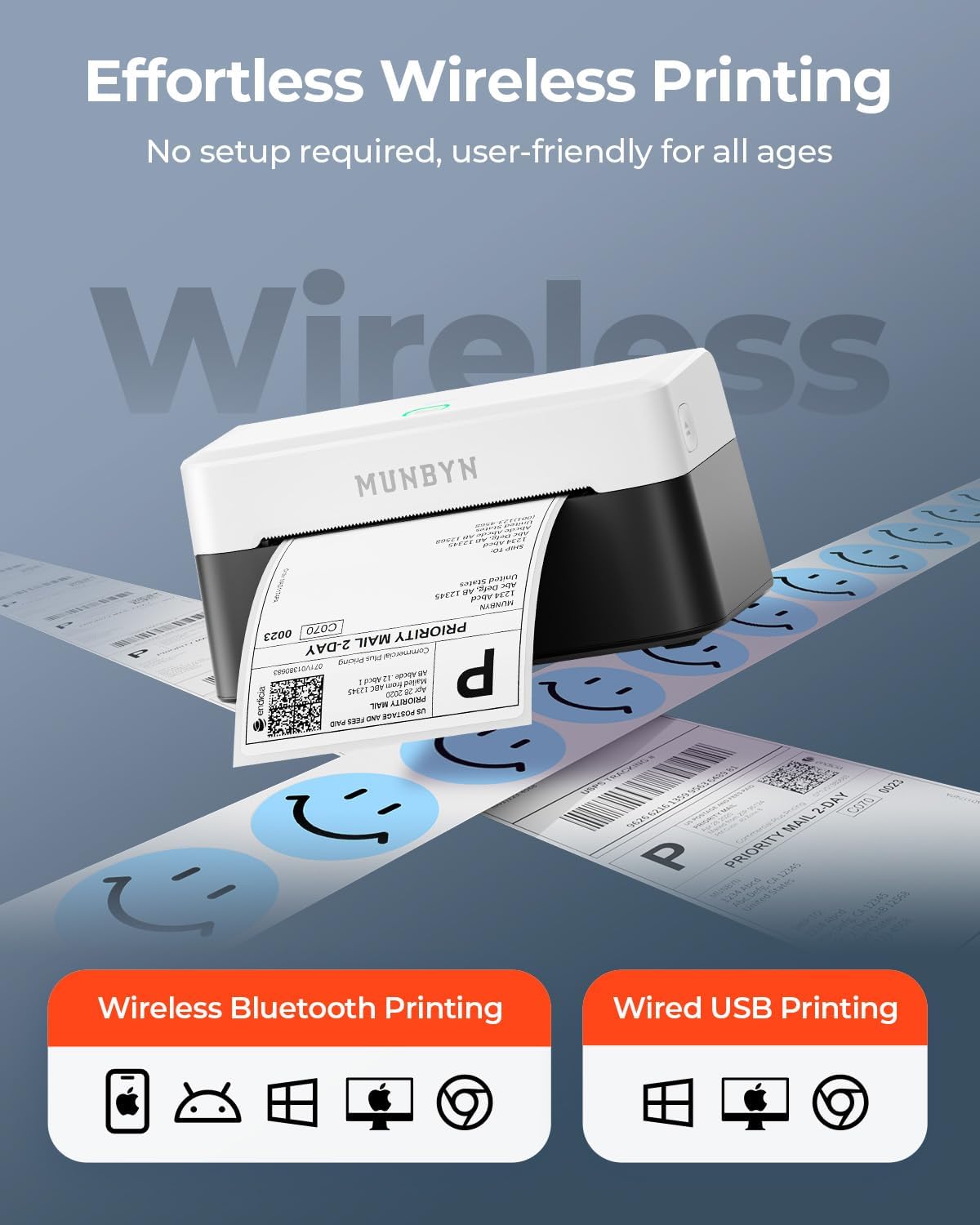 MUNBYN Bluetooth Thermal Label Printer RW403B, Wireless 4x6 Shipping Label Printer for Small Business, Compatible with Android, iPhone, Windows, Mac, Chromebook, Print Width 1.57"-4.25" (Grey)