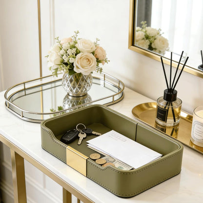 PU Leather Valet Tray Catchall Organizer for Men - Nightstand Dresser Desk Tray for Keys Wallet Watch Jewelry, Bedside Entryway Table Storage Box, EDC Accessories Holder Catch All Dish, Green