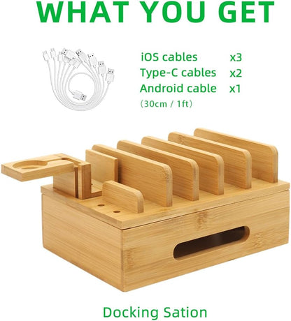 Bamboo Charging Station with Watch Stand, Desktop Charging Station Organizer, Wood Docking Station for Phones, Tablets, Watch, Earbuds (No Power Supply)